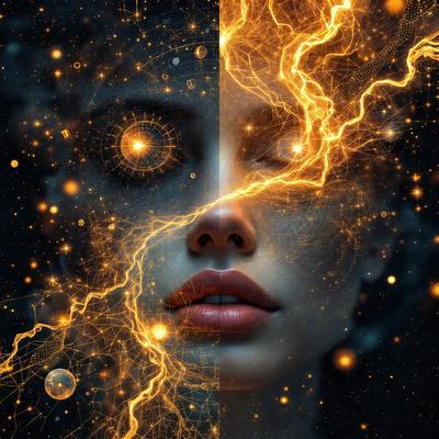 The primary subject of the image is a woman with a unique and artistic appearance. She has a face with a mix of light and dark colors, and her eyes are open, giving her a captivating look. The setting is a space with a backdrop of bright, colorful stars, creating a vibrant and lively atmosphere. The visual style of the image is a combination of digital art and illustration, with the woman's face and the background elements skillfully combined to create a striking and memorable image.